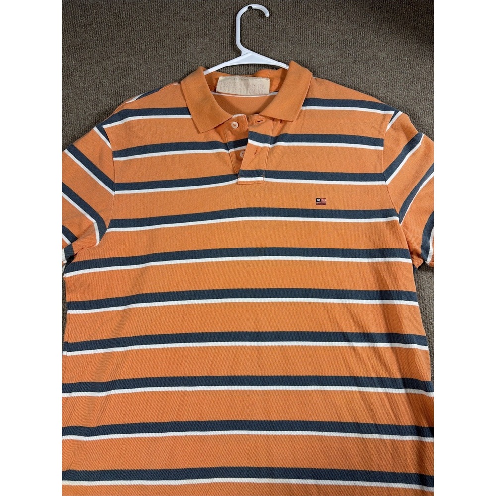 Vintage Polo Ralph Lauren Polo Shirt Mens M-L Orange Striped RL Flag Classic